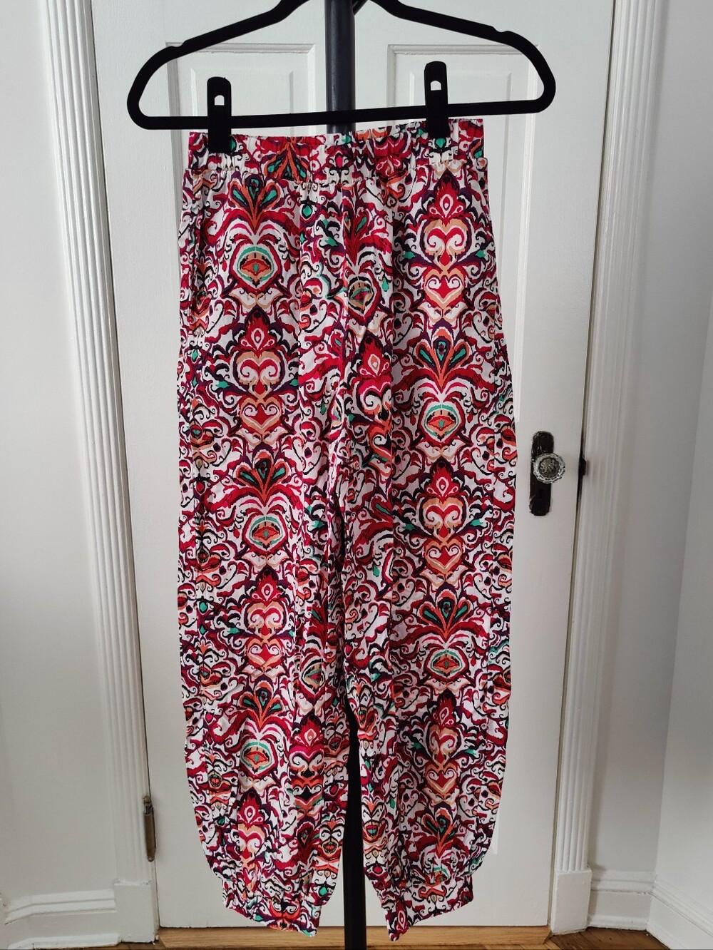 Calliope | XS | Vibrant Red White Patterned Cotton Elastic Waist / Hem Pants